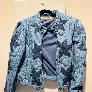 Free People Light and Dark Blue Floral Bomber Jacket